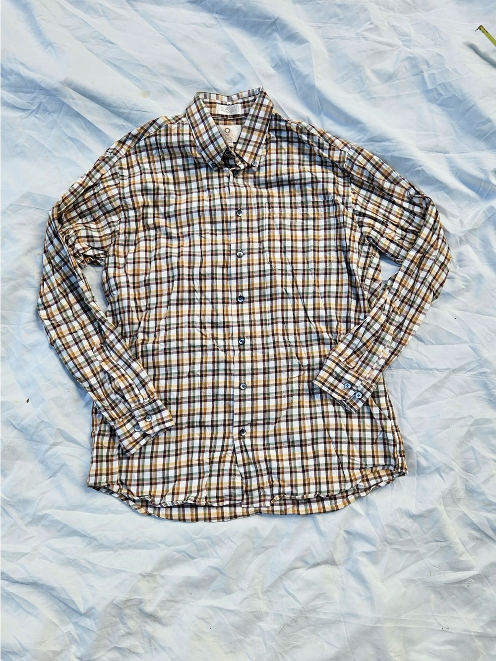 Vintage Viyella Men's Casual Plaid Button-Down Shirt in Brown, Blue & White